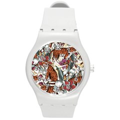 Natural Seamless Pattern With Tiger Blooming Orchid Round Plastic Sport Watch (m)