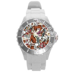 Natural seamless pattern with tiger blooming orchid Round Plastic Sport Watch (L)