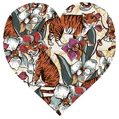 Natural seamless pattern with tiger blooming orchid Wooden Puzzle Heart