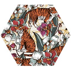 Natural seamless pattern with tiger blooming orchid Wooden Puzzle Hexagon