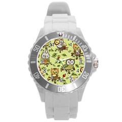 Seamless Pattern With Flowers Owls Round Plastic Sport Watch (l) by BangZart