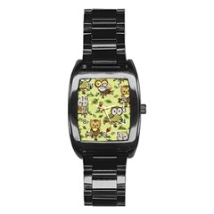 Seamless Pattern With Flowers Owls Stainless Steel Barrel Watch