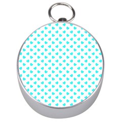 White Light Blue Hearts Pattern, Pastel Sky Blue Color Silver Compasses