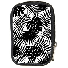 Black And White Tropical Leafs Pattern, Vector Image Compact Camera Leather Case by Casemiro