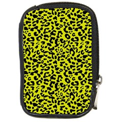 Leopard Spots Pattern, Yellow And Black Animal Fur Print, Wild Cat Theme Compact Camera Leather Case