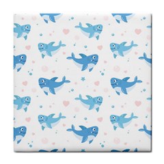 Seamless Pattern With Cute Sharks Hearts Tile Coaster by BangZart