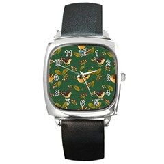 Cute Seamless Pattern Bird With Berries Leaves Square Metal Watch by BangZart