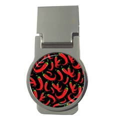 Seamless Vector Pattern Hot Red Chili Papper Black Background Money Clips (round)  by BangZart