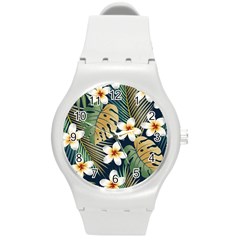 Seamless Pattern With Tropical Flowers Leaves Exotic Background Round Plastic Sport Watch (m) by BangZart