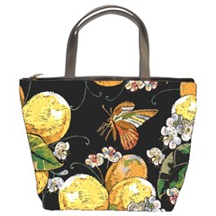 Embroidery Blossoming Lemons Butterfly Seamless Pattern Bucket Bag by BangZart