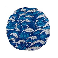 Storm Waves Seamless Pattern Raging Ocean Water Sea Wave Vintage Japanese Storms Print Illustration Standard 15  Premium Flano Round Cushions