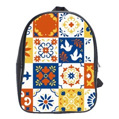 Mexican Talavera Pattern Ceramic Tiles With Flower Leaves Bird Ornaments Traditional Majolica Style School Bag (large)