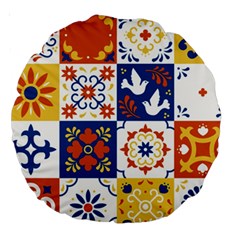 Mexican Talavera Pattern Ceramic Tiles With Flower Leaves Bird Ornaments Traditional Majolica Style Large 18  Premium Round Cushions