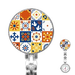 Mexican Talavera Pattern Ceramic Tiles With Flower Leaves Bird Ornaments Traditional Majolica Style Stainless Steel Nurses Watch