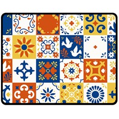 Mexican Talavera Pattern Ceramic Tiles With Flower Leaves Bird Ornaments Traditional Majolica Style Double Sided Fleece Blanket (medium) 