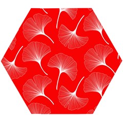 White Abstract Flowers On Red Wooden Puzzle Hexagon by Dushan