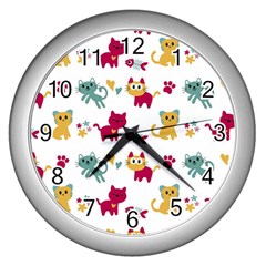 Pattern With Cute Cats Wall Clock (Silver)