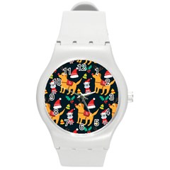 Funny Christmas Pattern Background Round Plastic Sport Watch (M)