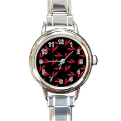 Red, Hot Jalapeno Peppers, Chilli Pepper Pattern At Black, Spicy Round Italian Charm Watch