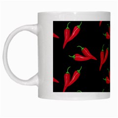 Red, hot jalapeno peppers, chilli pepper pattern at black, spicy White Mugs