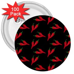 Red, hot jalapeno peppers, chilli pepper pattern at black, spicy 3  Buttons (100 pack) 
