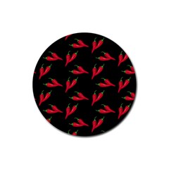 Red, Hot Jalapeno Peppers, Chilli Pepper Pattern At Black, Spicy Rubber Round Coaster (4 Pack)  by Casemiro