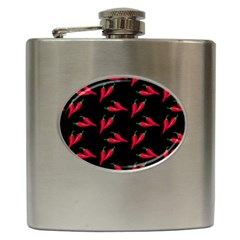 Red, hot jalapeno peppers, chilli pepper pattern at black, spicy Hip Flask (6 oz)