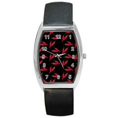 Red, hot jalapeno peppers, chilli pepper pattern at black, spicy Barrel Style Metal Watch