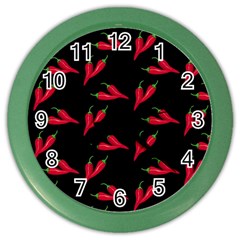 Red, hot jalapeno peppers, chilli pepper pattern at black, spicy Color Wall Clock