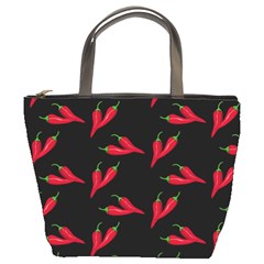 Red, Hot Jalapeno Peppers, Chilli Pepper Pattern At Black, Spicy Bucket Bag by Casemiro