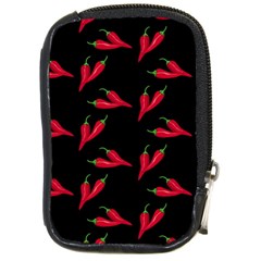Red, hot jalapeno peppers, chilli pepper pattern at black, spicy Compact Camera Leather Case