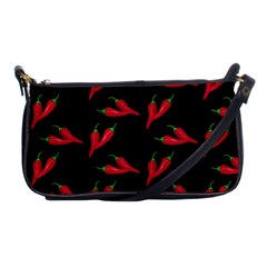 Red, Hot Jalapeno Peppers, Chilli Pepper Pattern At Black, Spicy Shoulder Clutch Bag by Casemiro