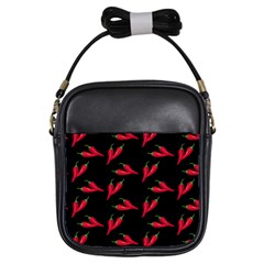 Red, hot jalapeno peppers, chilli pepper pattern at black, spicy Girls Sling Bag