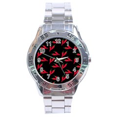 Red, hot jalapeno peppers, chilli pepper pattern at black, spicy Stainless Steel Analogue Watch
