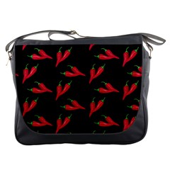 Red, Hot Jalapeno Peppers, Chilli Pepper Pattern At Black, Spicy Messenger Bag by Casemiro