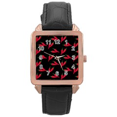 Red, hot jalapeno peppers, chilli pepper pattern at black, spicy Rose Gold Leather Watch 