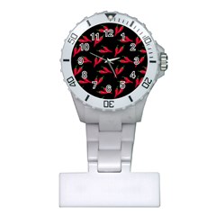 Red, hot jalapeno peppers, chilli pepper pattern at black, spicy Plastic Nurses Watch