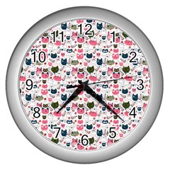 Adorable Seamless Cat Head Pattern01 Wall Clock (silver)