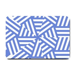Geometric Blue And White Lines, Stripes Pattern Small Doormat  by Casemiro