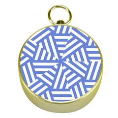 Geometric Blue And White Lines, Stripes Pattern Gold Compasses by Casemiro