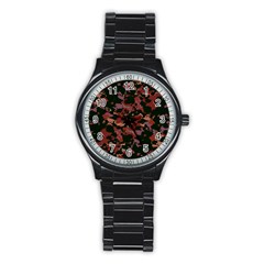 Red Dark Camo Abstract Print Stainless Steel Round Watch