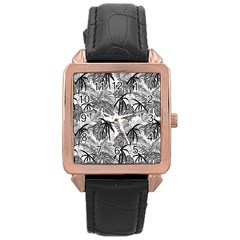 Black And White Leafs Pattern, Tropical Jungle, Nature Themed Rose Gold Leather Watch  by Casemiro