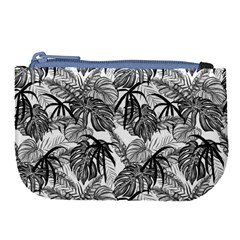 Black And White Leafs Pattern, Tropical Jungle, Nature Themed Large Coin Purse by Casemiro