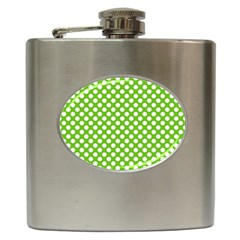 Pastel Green Lemon, White Polka Dots Pattern, Classic, Retro Style Hip Flask (6 Oz)