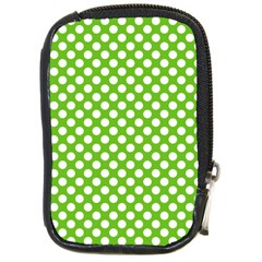 Pastel Green Lemon, White Polka Dots Pattern, Classic, Retro Style Compact Camera Leather Case by Casemiro