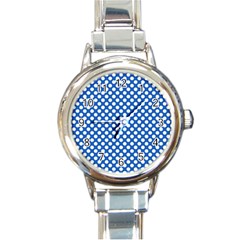 Pastel Blue, White Polka Dots Pattern, Retro, Classic Dotted Theme Round Italian Charm Watch by Casemiro