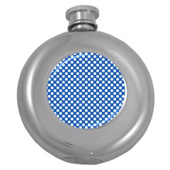 Pastel Blue, White Polka Dots Pattern, Retro, Classic Dotted Theme Round Hip Flask (5 Oz) by Casemiro