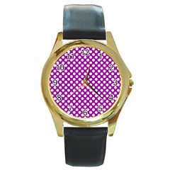 White And Purple, Polka Dots, Retro, Vintage Dotted Pattern Round Gold Metal Watch by Casemiro