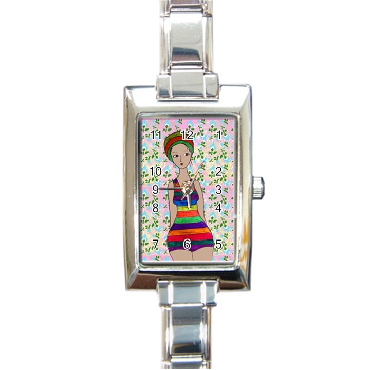 Tan Swimmer Flowerwall Rectangle Italian Charm Watch