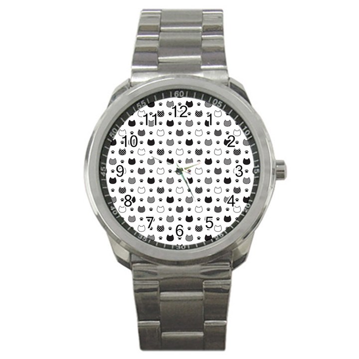 kitten head paw footprint seamless pattern 1 Sport Metal Watch